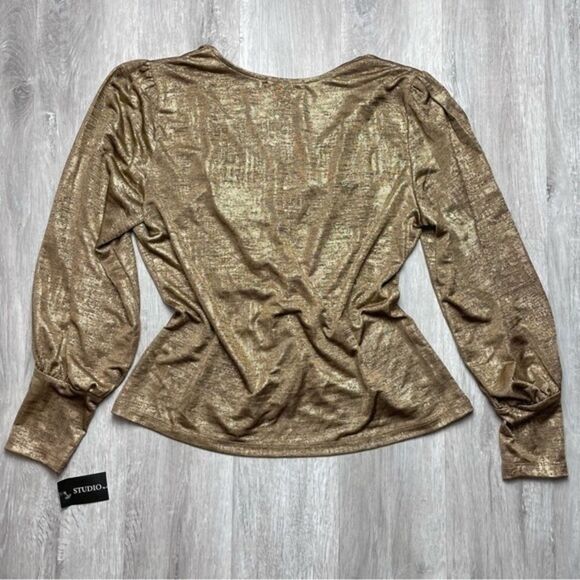 Women's Gold Metallic V-Neck Ruched Long Sleeve Top L - Picture 4 of 4